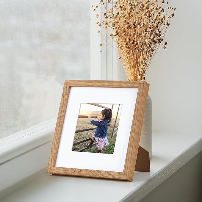 Fun Memories 8x8 Picture Frame, Solid Oak Wood 8 x 8 Picture Frames Matted to 4 x 4,Square 8 x 8 Wood Frame with Tempered Real Glass, Rustic 8x8 Photo Frame for Wall & Tabletop Display
