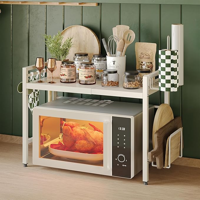 NETEL Expandable Microwave Stand,2 Tier Metal Kitchen Countertop Organizer Shelves with Paper Towel and Chopping Board Holder,Microwave Shelf,Microwave Oven Rack,55lbs Weight Capacity,White