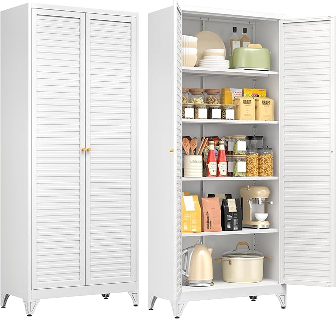75" Tall Metal Kitchen Storage Cabinet,White Kitchen Pantry Storage Cabinet with Doors and 4 Adjustable Shelves,Utility Cabinet for Living Room,Garage,Dining Room and Office,Assemble Required