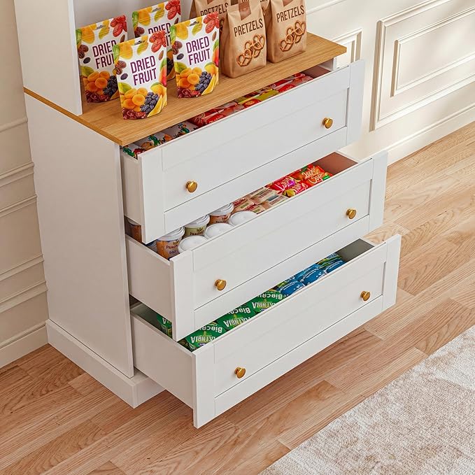 71" Farmhouse Kitchen Pantry Cabinet Set, White Freestanding Storage Hutch with Glass Doors, Drawers & Countertop, Microwave Stand & Coffee Bar, Adjustable Shelves, 2-Piece