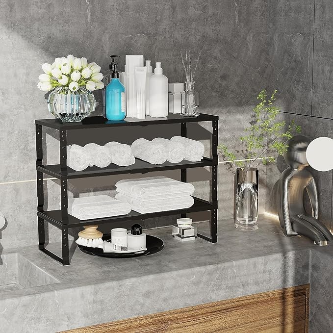 Expandable Cabinet Shelf Organizer Storage Spice Rack Shelves for Kitchen Stackable Adjustable Pantry Cupboard Bathroom Countertop Desktop(2Packs/Black/Large)