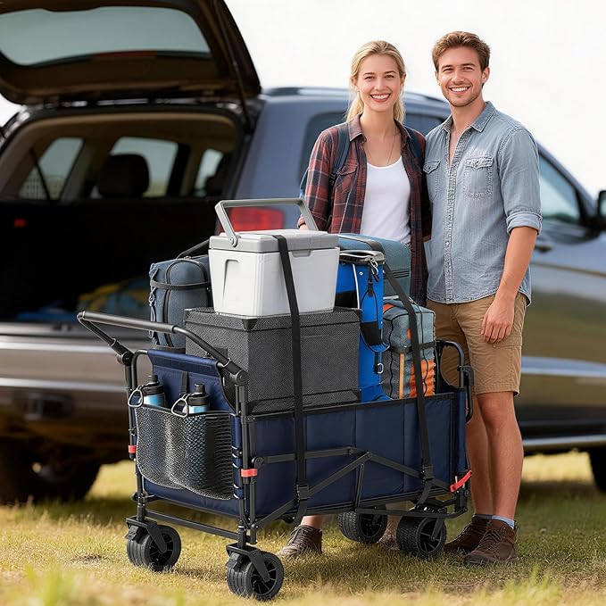 LEVELEVE Heavy Duty Folding Wagon - 2-in-1 Collapsible Cart, 650lb Capacity, All-Terrain Wheels w/Brakes & Side Pockets (Blue)