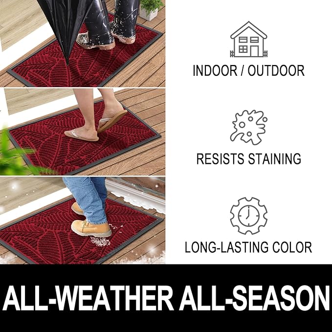 Colorxy Waterproof Doormat, Sturdy Natural Rubber Front Indoor Mat, Non Slip Low Profile Indoor Outdoor Door Mats, Stain and Fade Resistant Floor Mats, Easy Clean Patio Entry Mat, 48''x32'', Burgundy