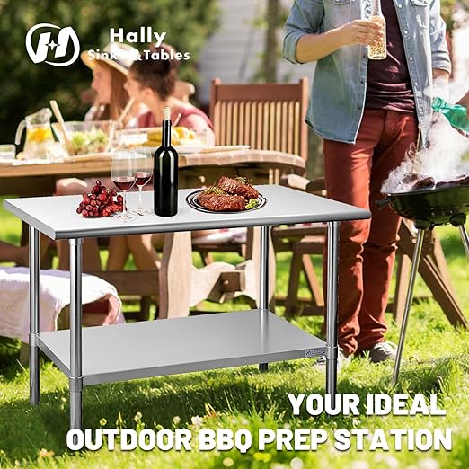 Hally Stainless Steel Table for Prep & Work 14 x 60 Inches, NSF Commercial Heavy Duty Table with Undershelf and Galvanized Legs for Restaurant, Home and Hotel