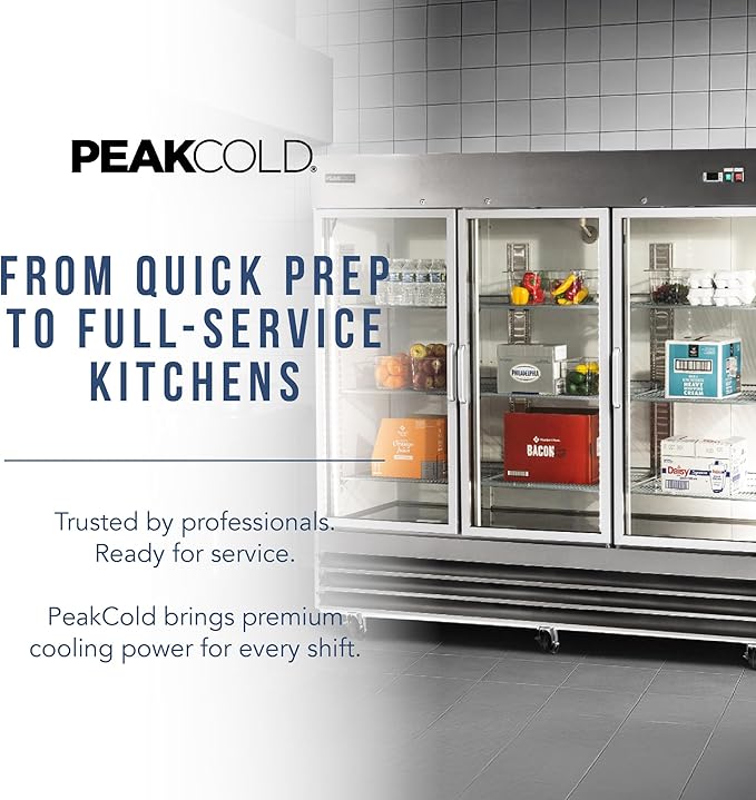 PEAKCOLD 3 Glass Door Commercial Refrigerator - 72 Cubic Ft, 81" Wide Stainless Steel Reach-In Commercial Refrigerator with White Internal Lighting - Freestanding Industrial Fridge