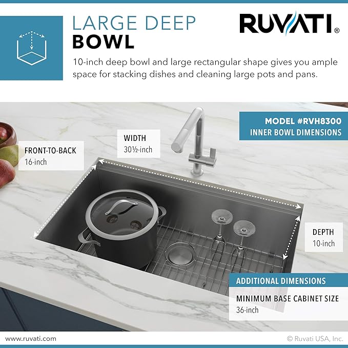 Ruvati 32-inch Undermount 16 Gauge Stainless Steel Workstation Kitchen Sink Single Bowl – Soundproof Multifunction Chef Sink with Cutting Board & Accessories, Brushed Finish Hides Scratches – RVH8300