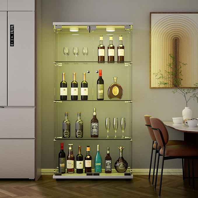 Yoluckea 4 Shelves Glass Display Cabinet with LED Light and 2 Doors,Floor Standing Clear Glass Curio Collection Display Cabinet for Living Room Bedroom 64.7” x 31.7” x 14.3” White