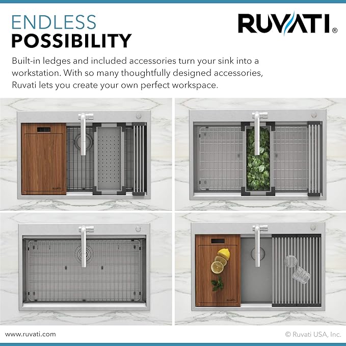 Ruvati 25 x 22 inch Workstation Drop-in Tight Radius Topmount 16 Gauge Stainless Steel Ledge Kitchen Sink Single Bowl - RVH8023