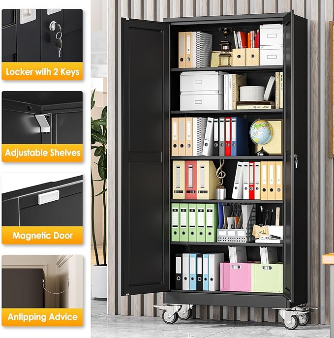 75''H Metal Garage Storage Cabinet with Wheels,Steel File Cabinets with 2 Doors and 5 Adjustable Shelves for Home Office, Warehouse, Required Assembly,Black
