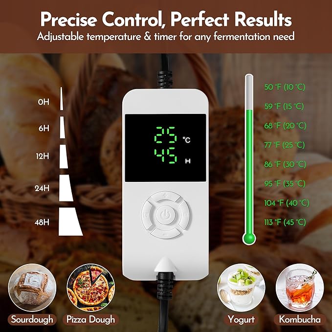 Bread Proofing Box 40 x 30 x 25cm Sourdough Box with Temperature Control, 7Ft Cord, Timer – 3 Heating Layer Sides Sourdough Baking Supplies for Beginners, Pros – US Standard Plug