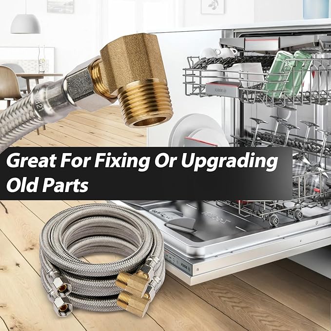 2 Pack Foskan 6FT Stainless Steel Dishwasher Hose With 3/8" Comp x 3/8" MIP 90° Elbow,Flexible Water Line Connector for Standard Dishwashers （6FT）