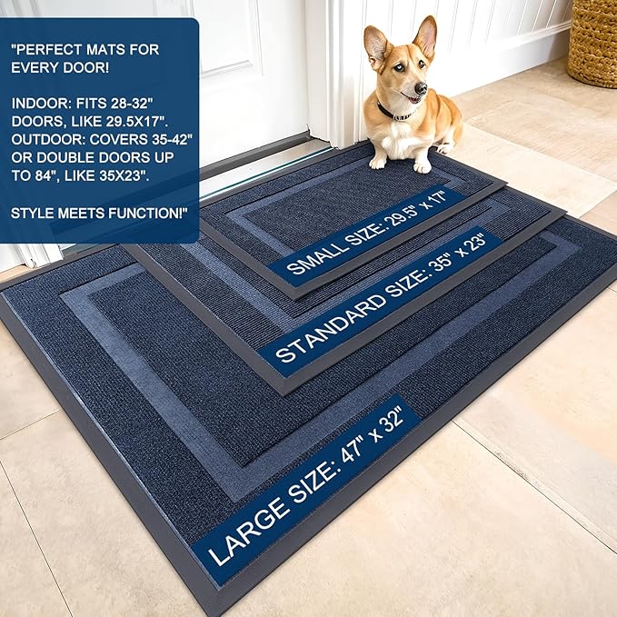 OLANLY Front Door Mat Indoor Outdoor Entrance, Waterproof All-Season, All-Weather Doormat, Sturdy Natural Rubber, Fade Resistant, Low Profile, Easy Clean Patio Porch Entryway Mat, 59x23, Blue