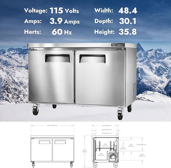 HECMAC 48" Commercial Refrigerator, 12.96 Cu.ft Worktop Undercounter Fridge with 2 Solid Door, 33~40℉, 18-8 Stainless Steel Interior, ETL&NSF/ANSI 7 for Restaurant, Bar, Shop, Kitchen Use