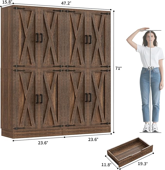 Unikito 71" Tall Kitchen Pantry Cabinet with Farmhouse Barn Doors and Storage Drawer, 8 Adjustable Shelves, Freestanding Cupboard for Dining Room, Living Room, Utility Room, Weathered Brown 2 Pack