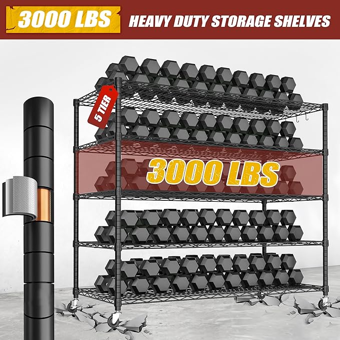 PrimeZone 5 Tier 80.7" Hx55.5 Wx24 D Wire Shelving with Wheels 3000lbs NSF Certified Storage Shelves Heavy Duty Metal Shelf Adjustable Rolling Rack Commercial Garage Restaurant Warehouse Kitchen 4Pcs