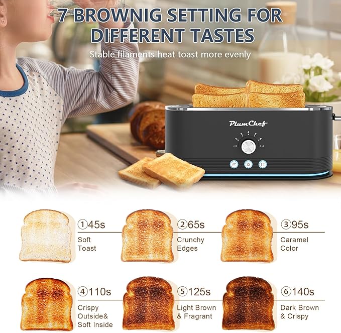 4-Slice Toaster, Extra Wide Long Slot Toaster, 7 Browning Settings, Defrost/Reheat Functions, Removable Crumb Tray, Stainless Steel Housing 1350W, Anti-Fingerprint & Anti-Jam(Black)