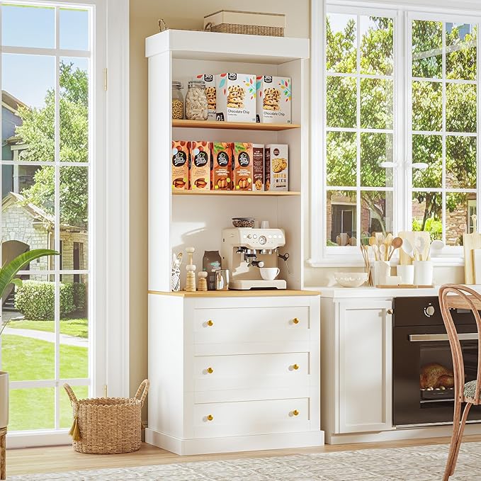 71" Tall Farmhouse Kitchen Pantry, Large Storage Cabinet with Drawers, Freestanding Coffee Bar Hutch with Microwave Stand, Adjustable Shelves for Kitchen, Living Room, White 3 Pcs