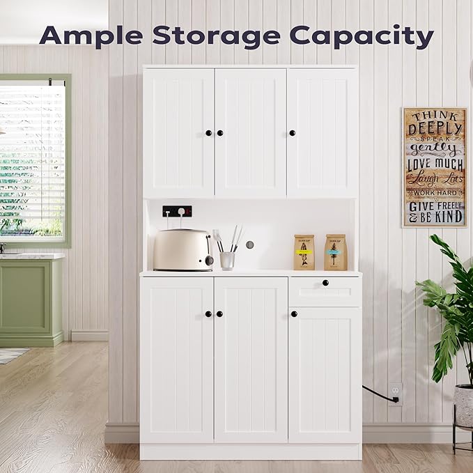 71" Pantry Cabinet with Charging Station, Tall Kitchen Pantry Storage Cabinet with Microwave Stand, Farmhouse Kitchen Hutch with Storage Drawer for Living Room, Dining Room, White