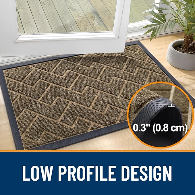 OLANLY Front Door Mat Indoor Outdoor Entrance, Waterproof All-Season, All-Weather Doormat, Sturdy Natural Rubber, Low Profile, Easy Clean Patio Porch Entryway Mat, Herringbone Brick (Brown, 36x24)