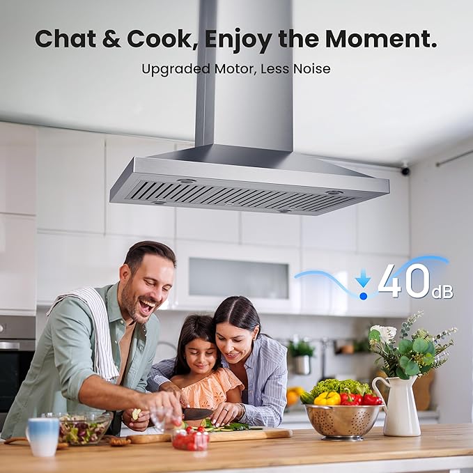 42In Island Range Hood, 390 CFM Stainless Steel Ducted Island Mount Range Hood, kitchen island vent hood with 3-Speed Fan, Touch/Gesture, 4 Stainless Steel Baffle Filters, Ceiling Mount