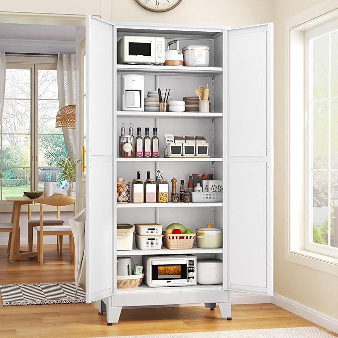 75.2" Tall Metal Kitchen Pantry Storage Cabinets with 2 Door and 5 Adjustable Shelves, Cupboard for Kitchen, Dining Room, Living Room and Bathroom, White