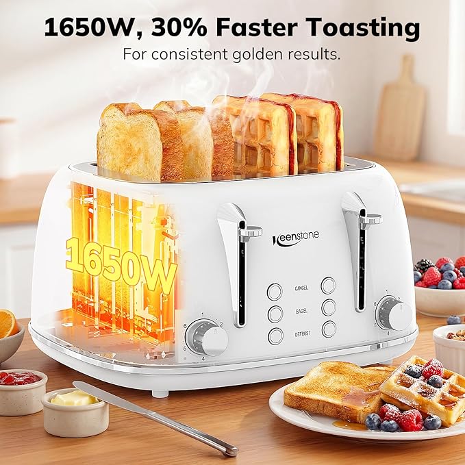 Keenstone Toaster 4 Slice, Retro Stainless Steel Wide Slot Toaster with Dual Independent Controls, 6 Browning Levels, Bagel, Defrost, Reheat & Cancel, Removable Crumb Tray, White