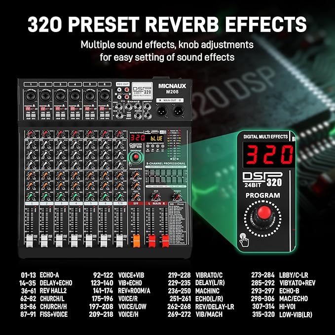 Audio Mixer 8 Channel Professional Sound Console Music Mixer with 320 DSP Effects, 7-band EQ DJ Mixing Board w/USB, Bluetooth, 48V Power Supply, PAD Button for Recording Karaoke PA Drum Live