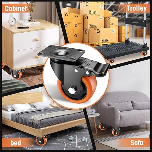 Casters, 3" Caster Wheels, Orange Polyurethane Castors, Top Plate Swivel Wheels, Casters Set of 4, Locking Casters for Furniture and Workbench, Heavy Duty Casters, 4 Pack Casters with Brake