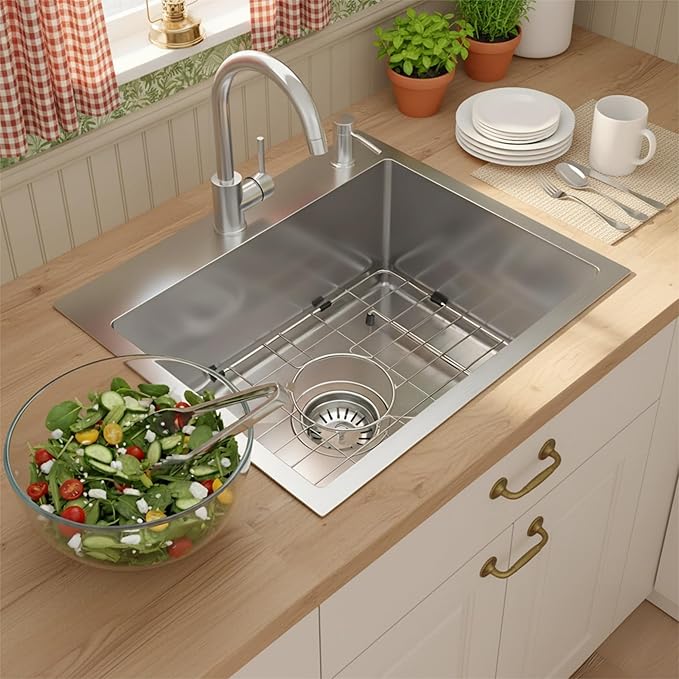 Drop In Kitchen Sink 20x16", 9" Basin Depth, 18 Gauge Stainless Steel Sink, 3D Embossed Surface Finish Top Mount with Accessories