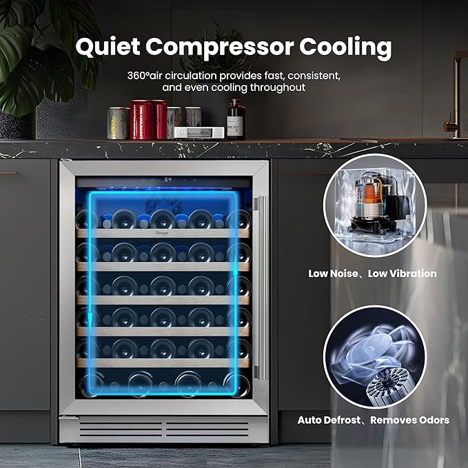 Yeego 24 Inch Wine Fridge Cooler - 52 Bottles Wine Cooler with Glass Door, 40-65℉ Built-In or Freestanding Refrigerator, Under Counter Wine Fridge for Kitchen Bar Office (Left-Hinged)