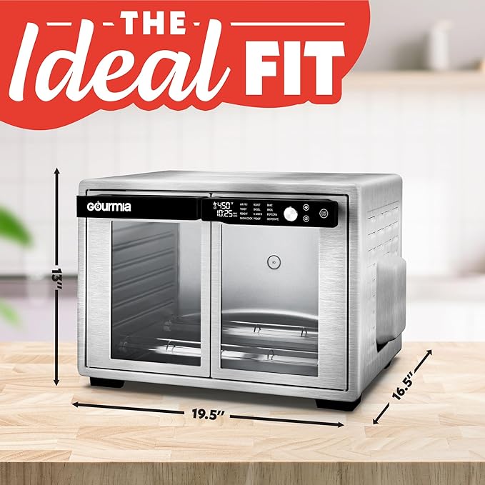 Gourmia French Door Air Fryer Oven - 37 Qt Large Capacity Convection Toaster Oven, FryForce 360°, Digital Display, 12 Cooking Presets, Dehydrate, Fits 13” Pizza, Dishwasher-Safe, Stainless Steel