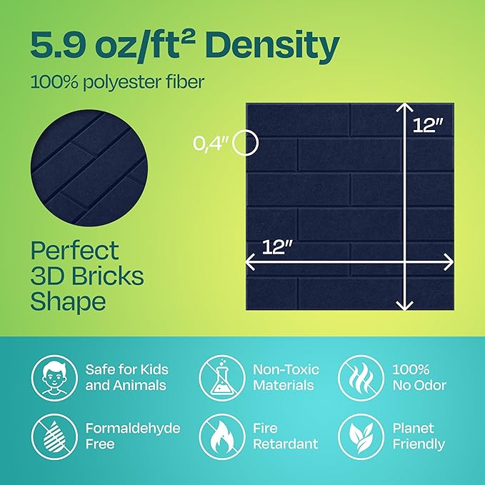 Acoustic Panels 18-Pack Soundproof Wall Panels 12"X12"X0.4" Brick Style Sound Panels Premium Sound Dampening Panels Easy Self Adhesive Installation - [Denim Blue]
