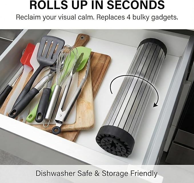 304 Stainless Steel Rollable Cutting Board – Space-Saving Over-the-Sink Workstation for RVs and Small Kitchens – Rust-Proof Heat Resistant Dishwasher Safe Non-Slip Multi-Use Prep Mat (16.7" L x 13" W)