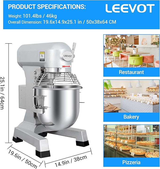 Commercial Food Mixer 15 Qt with 3-Speed Adjustment, 600W Commercial Mixer with Timer, Heavy Duty. Commercial Dough Mixer with Stainless Steel Bowl, Suitable for Bakeries and Pizzerias