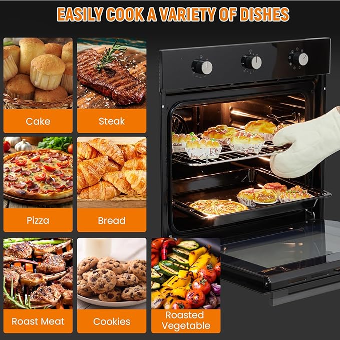 24 Inch Built-in Electric Single Wall Oven, 2.5Cu.ft. Stainless Steel Convection Oven with 8 Cooking Functions, Mechanical Knob Control, Timer, Convection Fan and Safety Lock, 3000W, Black