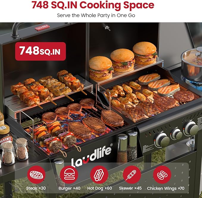 Gas and Charcoal Grill Combo with Side Burner, 3 Burners Propane BBQ Grill, 748 SQ.IN Cooking Space, Non-Stick Enamel Coating Grates, Heavy-Duty Stand for Backyard & Outdoor Barbecue