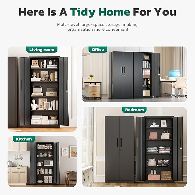 Greenvelly Metal Storage Cabinet, 63" H Locking Metal Storage Cabinet with Doors and 4 Shelves, Lockable Steel Cabinets for Kitchen, Bedroom, Living Room, Office (Black)