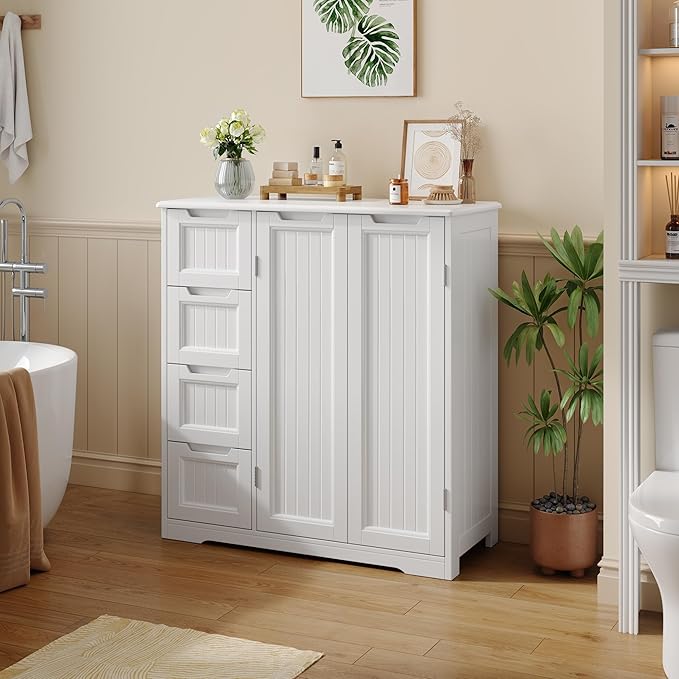 Gizoon Storage Cabinet, Bathroom Floor Cabinet, Kitchen Pantry, Side Storage Organizer with 4 Drawers & Double Doors, Adjustable Shelf, for Bathroom, Living Room, Entryway, White