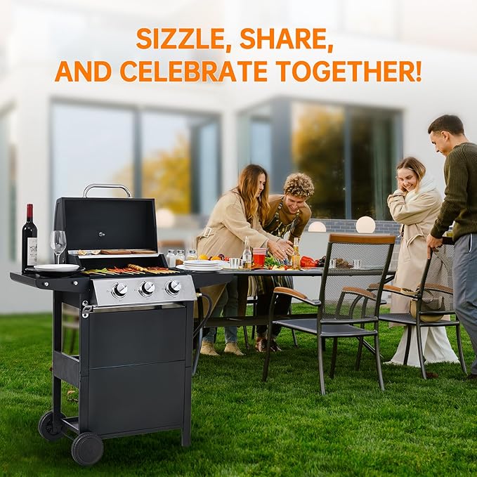 3 Burner Propane Gas Grill, Stainless Steel BBQ Grill 30,000 BTU for Outdoor Cooking Kitchen, Garden and Patio Backyard Barbecue, Black and Silver