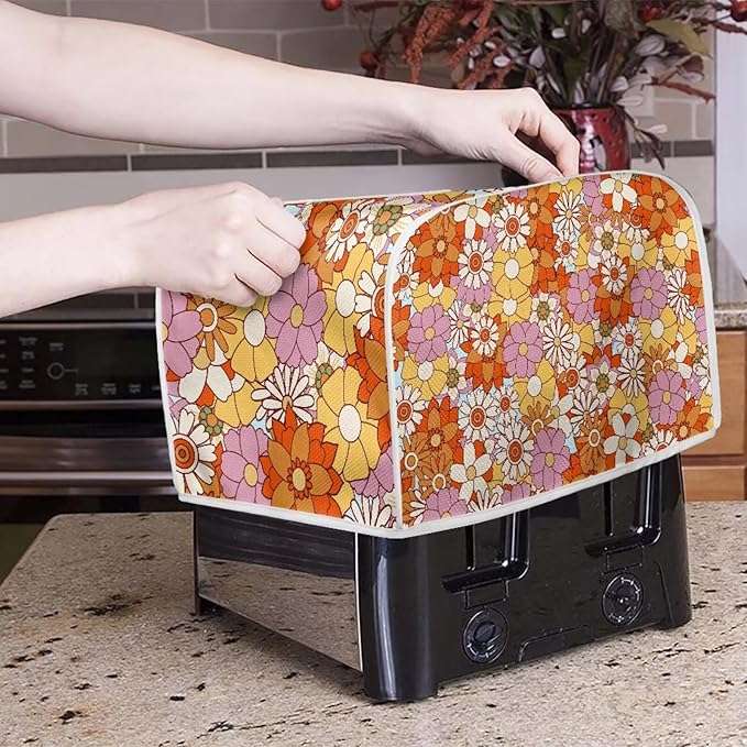 Hippie Floral Print Toaster Covers 4 Slice Dust Protection Bread Maker Covers Toaster Oven Cloth Cover Kitchen Accessories Washable Appliance Cover