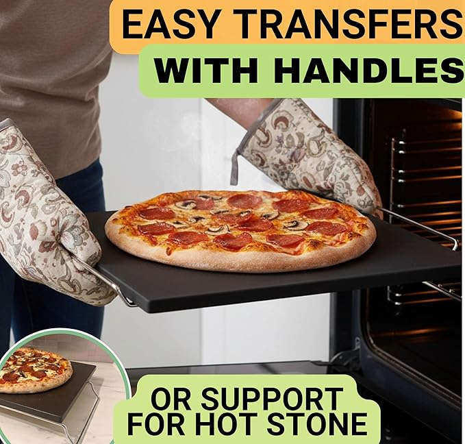 Easy Clean, Non Stick Ceramic Pizza Stone - Pizza Stones for Grill with Handles, Pizza Peel, Pizza Cutter, Dough Tool - Bread Baking Stone - 15 inch Ceramic Pizza Pan - Pizza Oven Accessories Kit