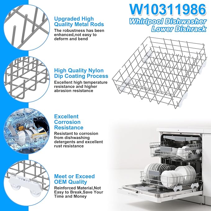 UPGRADED W10311986 W10380384 Dishwasher Lower Rack Assembly for Whirlpool Kenmore Dishwasher Rack Replacement Parts,W10311986 W11158802 Whirlpool Dishwasher Bottom Rack with Wheel Dishrack