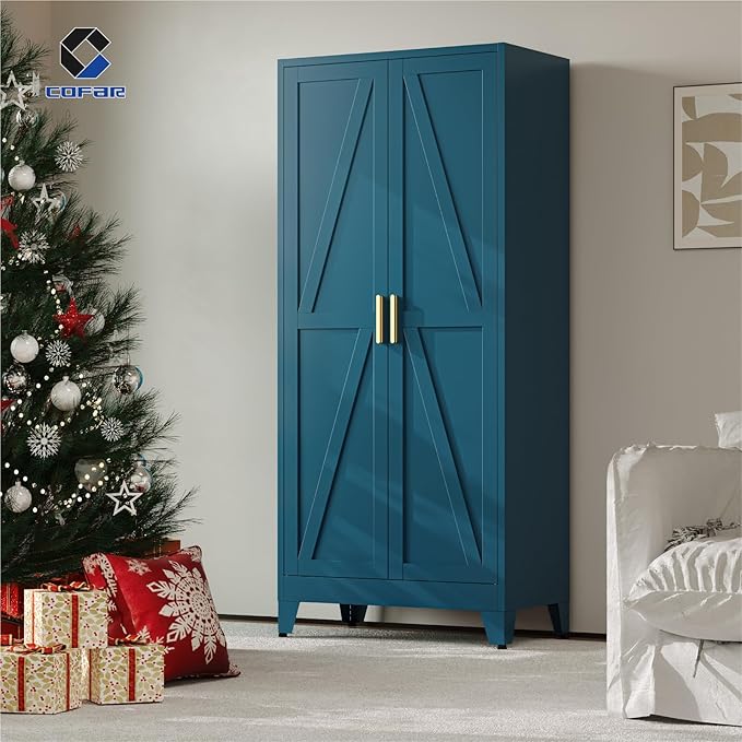COFaR Metal Storage Cabinet, 61 in Tall Metal Cabinet with 3 Adjustable Shelves and Barn Doors, Farmhouse Cupboard Storage for Kitchen Pantry Garage, 4-Tier Peacock Blue