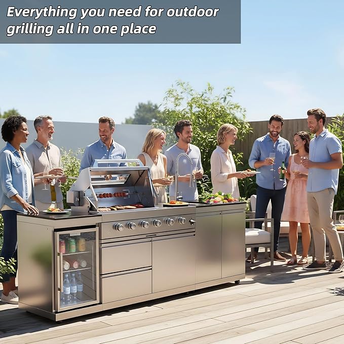 104 Inch Outdoor Kitchen Island, 7200 BTUsGas Grill Combination With Refrigerator and Sink, Outdoor Stainless Steel Barbecue Bar, Propane Grill for Patios, Gardens, Parties