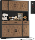 HOSTACK 71" Tall Kitchen Pantry Storage Cabinet with Charging Station, 55" Wide Kitchen Hutch Cabinet with Large Countertop, Farmhouse Food Pantry with Drawers for Living Room, Brown/Black
