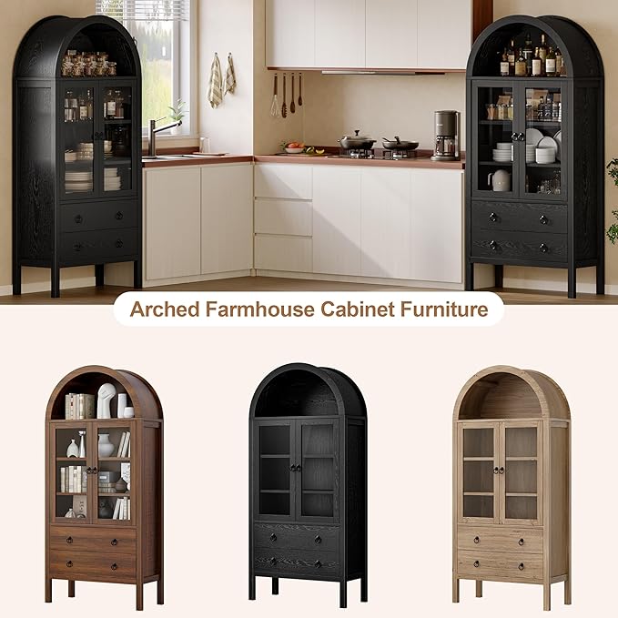 71'' Tall Arched Cabinet, Arched Kitchen Pantry Cabinet with Doors, Wood Arch Storage Cabinets Display Bookcase with 2 Large Drawers and Adjustable Shelves, Versatile Cupboard for Living Room