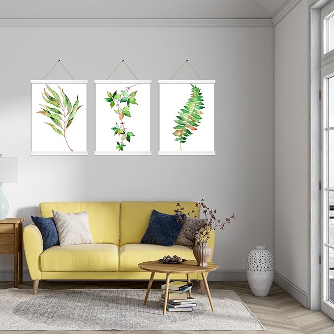 3 Pack Magnetic Poster Hanger Frame White, 8x10 8x12 8x16 Poster Frame Wood Wooden Magnet Print Posters Dowel Scroll Hanger Hangers Hanging Kit for Walls Map Canvas Artwork