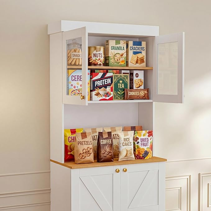 71" Farmhouse Kitchen Pantry Cabinet Set of 2, White Freestanding Coffee Bar Hutch with Glass Doors, Drawers & Adjustable Shelves, Large Storage Cabinet with Microwave Stand for Living Room & Kitchen