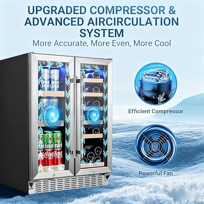 AAOBOSI Upgraded 88 Cans Dual Zone Wine and Beverage Cooler,Built-in and Freestanding,Removable Fashion Wooden Frame,Intelligent Digital Temperatrue Control,Low Noise,Dual Zone 24 Inch 19 Bottles