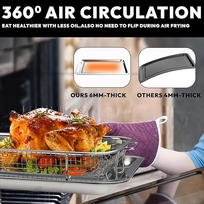 18.7" X 12.8" Extra Large Air Fryer Basket for Oven, OvenCrisp Oven Air Fryer Basket and Tray Set With 30PCS Parchment Papers, Stainless Steel Air Fryer Pan and Crisper Tray for Frying Baking